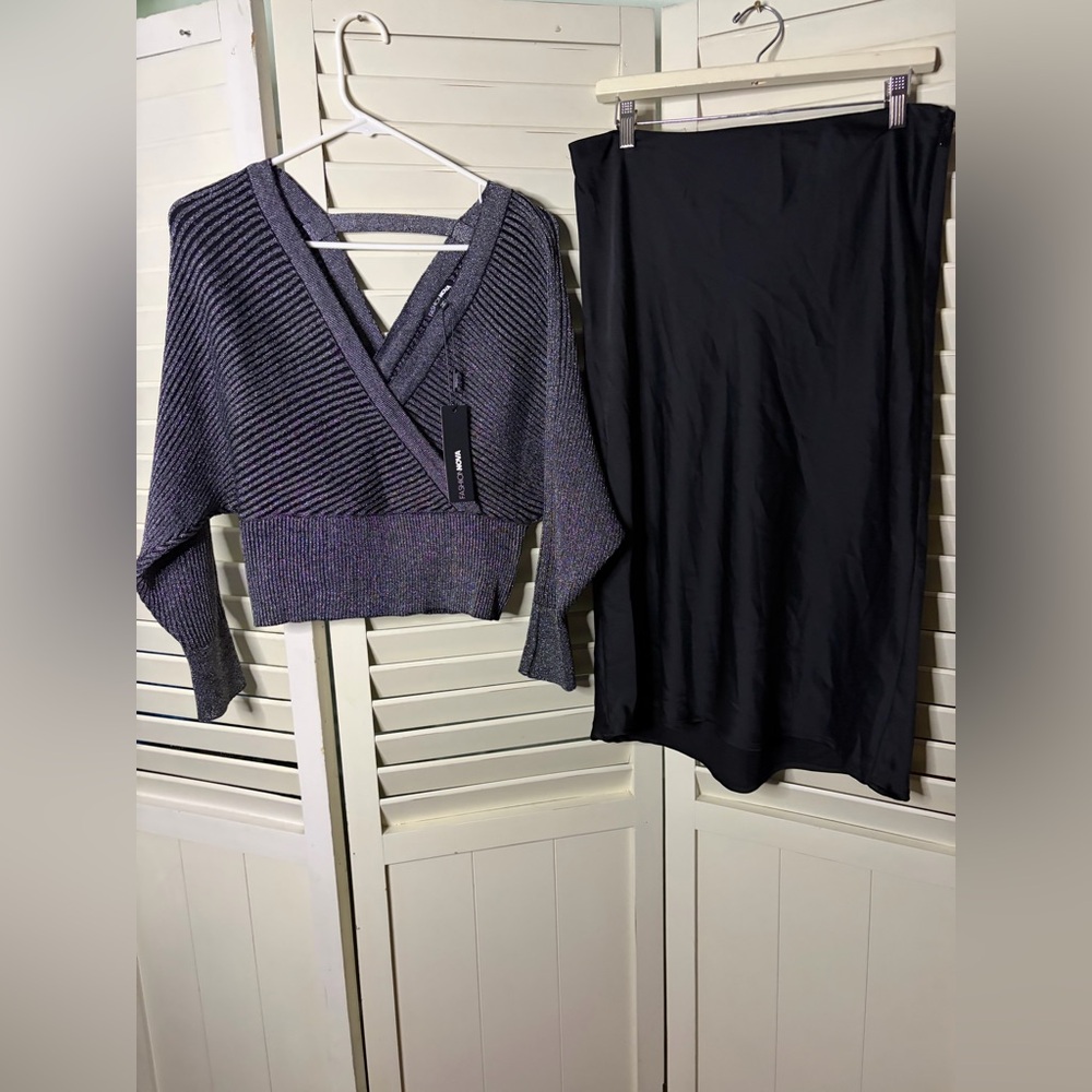 Two piece outfit including H&M silky skirt and NWT Fashion Nova sweater